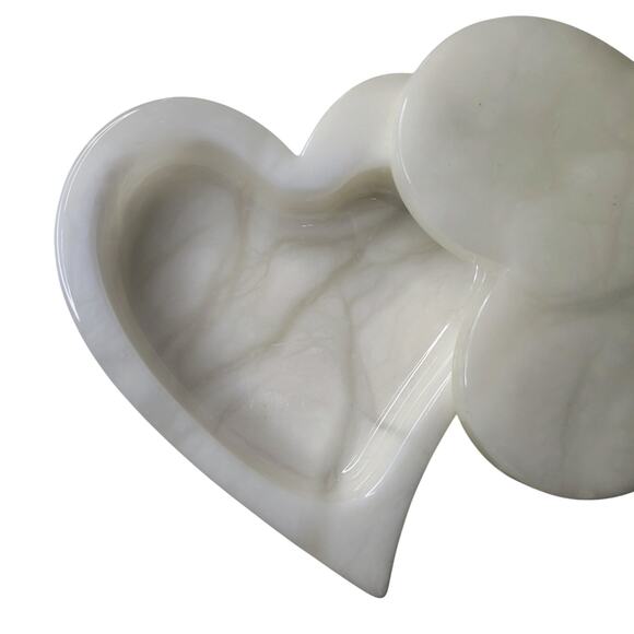 Off White Ducceschi Genuine Alabaster Trinket Dish Heart Keepsake Box Swivel Top - Picture 3 of 7
